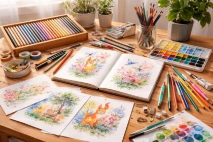 Kreatív rajzkészlet doboza tele színekkel és különféle eszközökkel a kreatív alkotáshoz