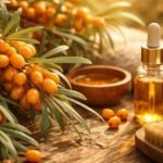 Homoktövis bogyók és olaj a természetes bőrápolás jegyében, narancssárga tónusokkal