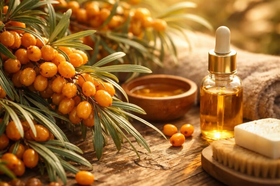 Homoktövis bogyók és olaj a természetes bőrápolás jegyében, narancssárga tónusokkal