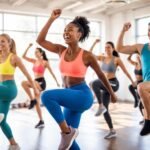 Négyen aerobic órán ugrálnak együtt, sportos ruhában, mosolyogva teremben, energikusan.