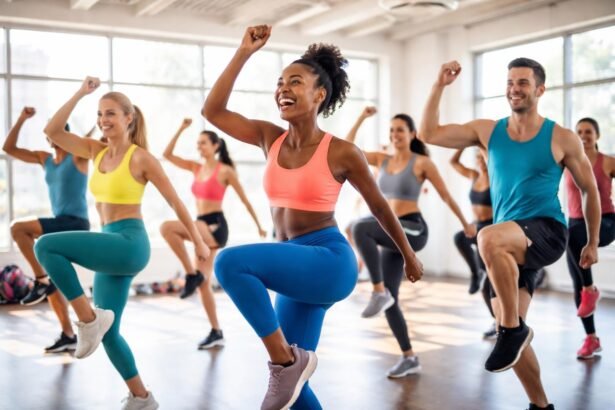 Négyen aerobic órán ugrálnak együtt, sportos ruhában, mosolyogva teremben, energikusan.