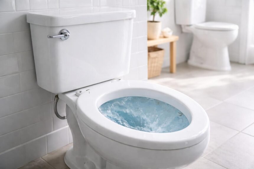 Amerikai WC öblítési rendszerét és tartályát szemléltető részletes diagram és jelölések
