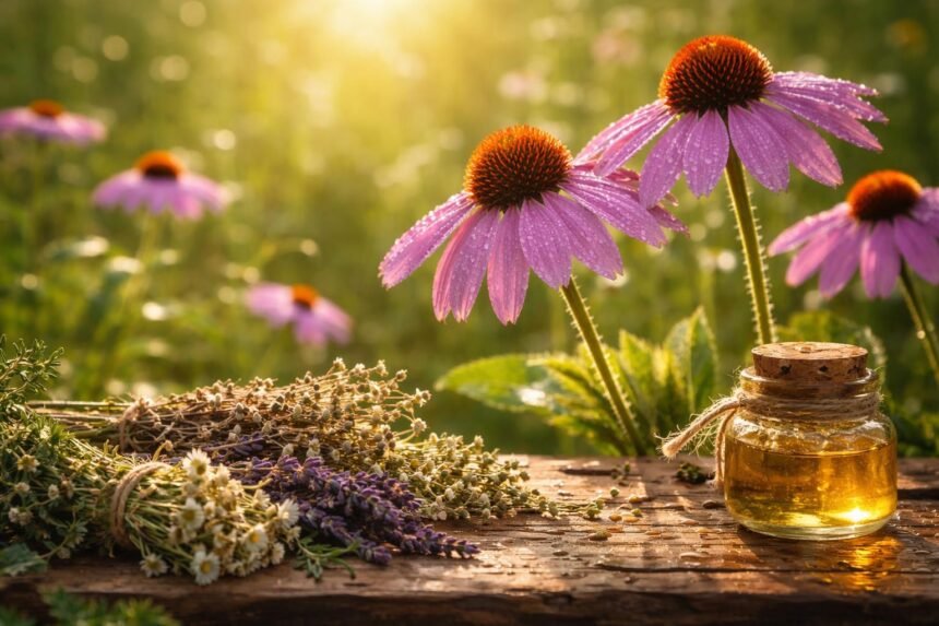 Bíbor kasvirág (echinacea) virága, természetes immunerősítő jelzéssel a téli megfázás ellen