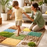 Kisgyerekek otthon a Muffik szőnyegen játszanak, lábboltozat fejlesztést célzó gyakorlatokat végezve.