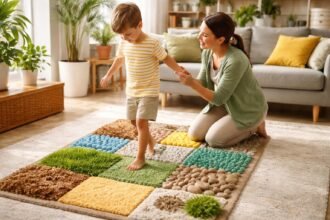 Kisgyerekek otthon a Muffik szőnyegen játszanak, lábboltozat fejlesztést célzó gyakorlatokat végezve.