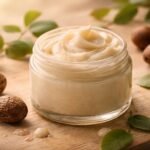 Képen látható shea vajjal hidratált és érzékeny arcbőrt ápoló nő