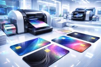 Kortárs plasztikkártya gyártás látványos logóval és RFID matricával megjelenítve a gyártás során.